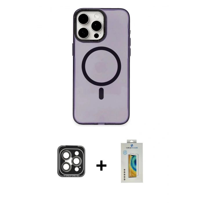 MARSİLYAN™- iPhone 15 Pro Max Kılıf Eksen Işık Prime - Siyah Polymer Nano Ekran Koruyucu + Gri PVD Metal Kamera Lens
