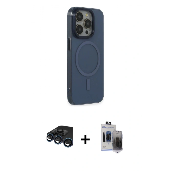 MARSİLYAN™- iPhone 15 Pro Max Kılıf Eksen Işık Prime - Siyah Vanessa Magic Hayalet Cam + Lacivert Raze Metal Kamera Lens