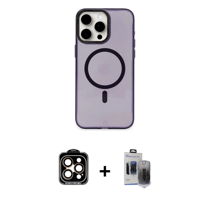 MARSİLYAN™- iPhone 15 Pro Max Kılıf Eksen Işık Prime - Siyah Vanessa Magic Hayalet Cam + PVD Metal Kamera Lens - TU