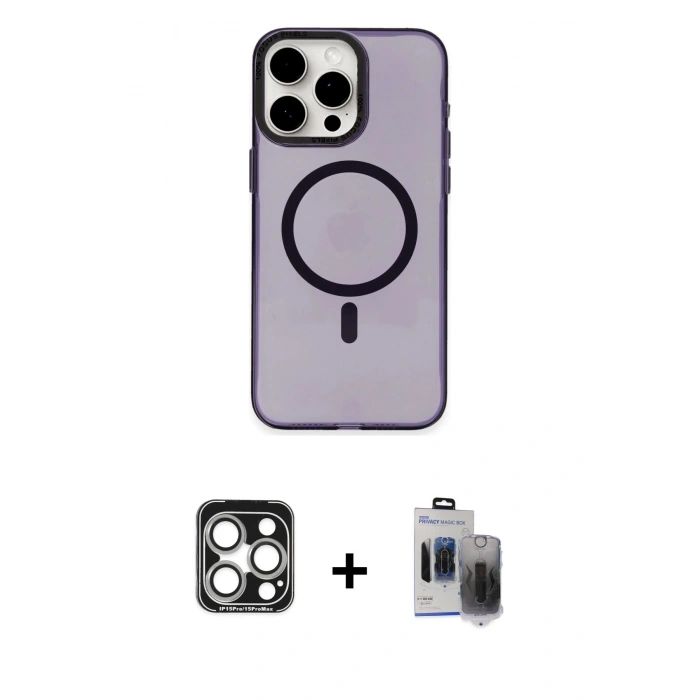 MARSİLYAN™- iPhone 15 Pro Max Kılıf Eksen Işık Prime - Siyah Vanessa Magic Hayalet Cam + PVD Metal Kamera Lens - GS