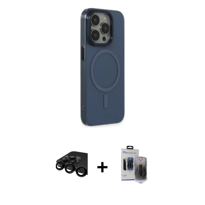 MARSİLYAN™- iPhone 15 Pro Max Kılıf Eksen Işık Prime - Siyah Vanessa Magic Hayalet Cam + Raze Metal Kamera Lens - SH