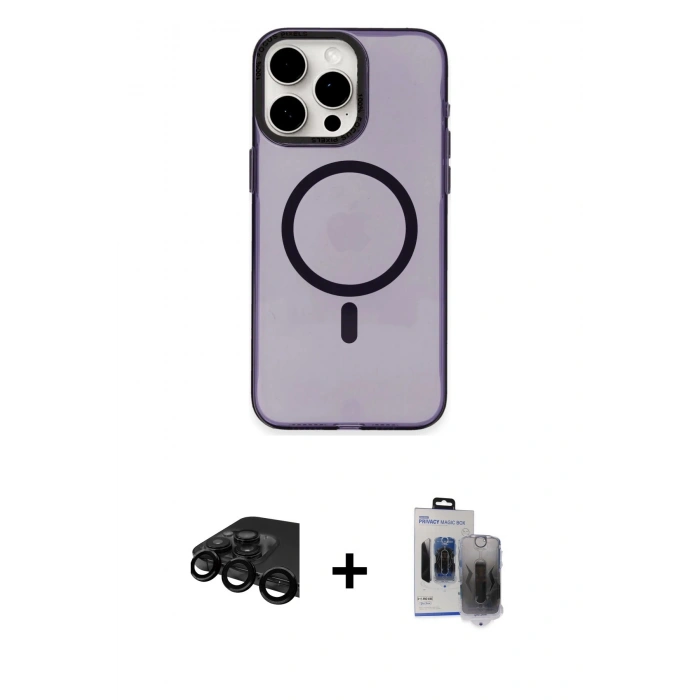 MARSİLYAN™- iPhone 15 Pro Max Kılıf Eksen Işık Prime - Siyah Vanessa Magic Hayalet Cam + Raze Metal Kamera Lens - SH