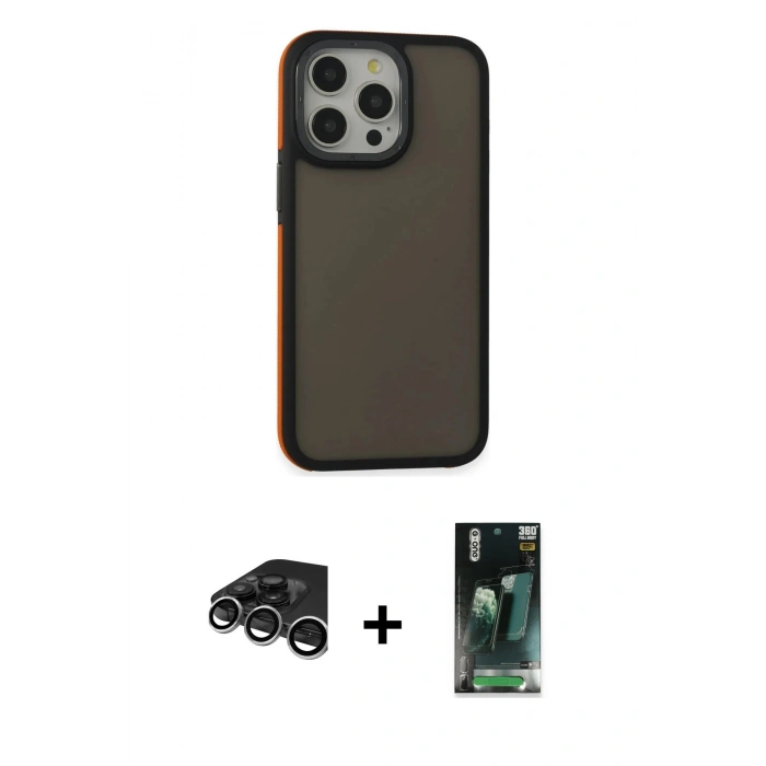 MARSİLYAN™- iPhone 15 Pro Max Kılıf Eksen Işık - Şeffaf 360 Full Body Arka Koruyucu + Gümüş Raze Metal Kamera Lens