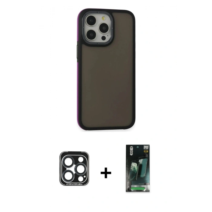 MARSİLYAN™- iPhone 15 Pro Max Kılıf Eksen Işık - Şeffaf 360 Full Body Arka Koruyucu + PVD Metal Kamera Lens - LT