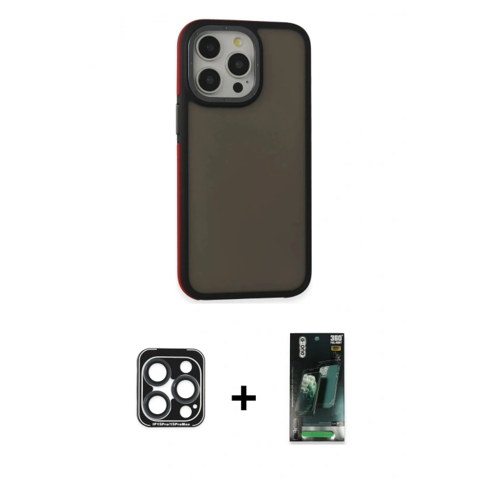 MARSİLYAN™- iPhone 15 Pro Max Kılıf Eksen Işık - Şeffaf 360 Full Body Arka Koruyucu + PVD Metal Kamera Lens - LT