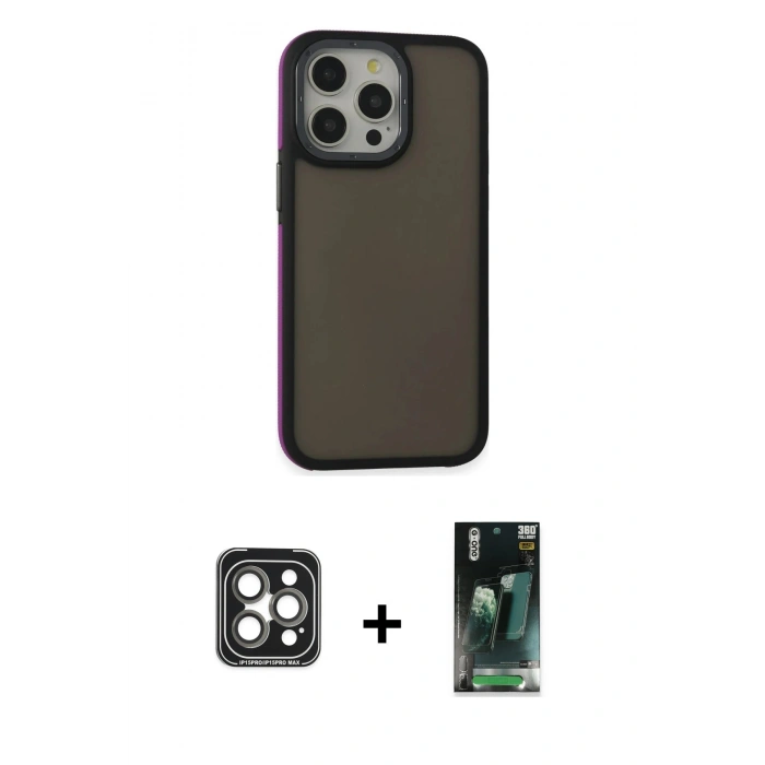 MARSİLYAN™- iPhone 15 Pro Max Kılıf Eksen Işık - Şeffaf 360 Full Body Arka Koruyucu + PVD Metal Kamera Lens - GI