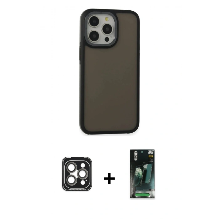 MARSİLYAN™- iPhone 15 Pro Max Kılıf Eksen Işık - Şeffaf 360 Full Body Arka Koruyucu + PVD Metal Kamera Lens - GI