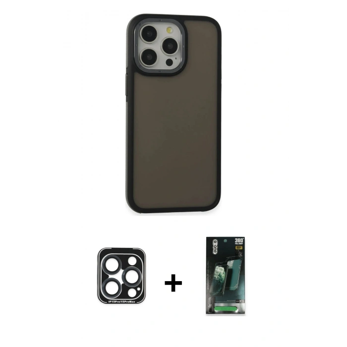 MARSİLYAN™- iPhone 15 Pro Max Kılıf Eksen Işık - Şeffaf 360 Full Body Arka Koruyucu + PVD Metal Kamera Lens - LT