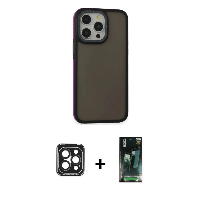 MARSİLYAN™- iPhone 15 Pro Max Kılıf Eksen Işık - Şeffaf 360 Full Body Arka Koruyucu + PVD Metal Kamera Lens - SH