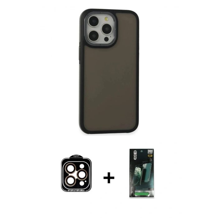 MARSİLYAN™- iPhone 15 Pro Max Kılıf Eksen Işık - Şeffaf 360 Full Body Arka Koruyucu + Turuncu PVD Metal Kamera Lens