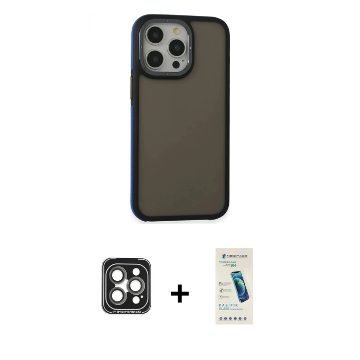 MARSİLYAN™- iPhone 15 Pro Max Kılıf Eksen Işık - Şeffaf Pasifik Cam Ekran Koruyucu + PVD Metal Kamera Lens - GI