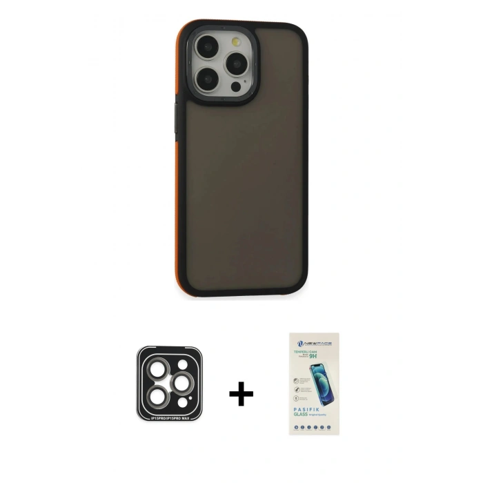 MARSİLYAN™- iPhone 15 Pro Max Kılıf Eksen Işık - Şeffaf Pasifik Cam Ekran Koruyucu + PVD Metal Kamera Lens - GI