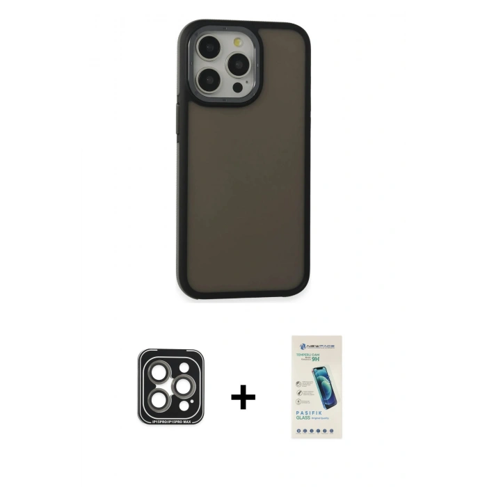 MARSİLYAN™- iPhone 15 Pro Max Kılıf Eksen Işık - Şeffaf Pasifik Cam Ekran Koruyucu + PVD Metal Kamera Lens - GI