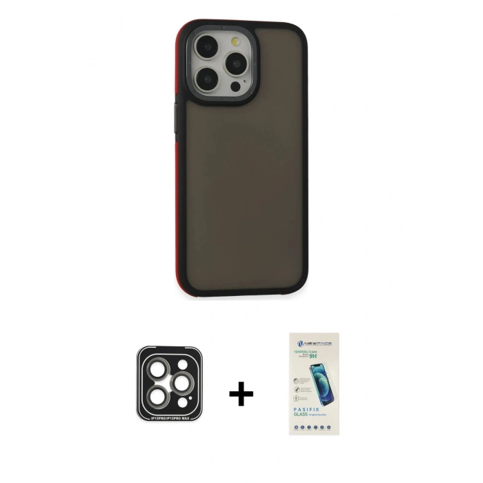 MARSİLYAN™- iPhone 15 Pro Max Kılıf Eksen Işık - Şeffaf Pasifik Cam Ekran Koruyucu + PVD Metal Kamera Lens - GI