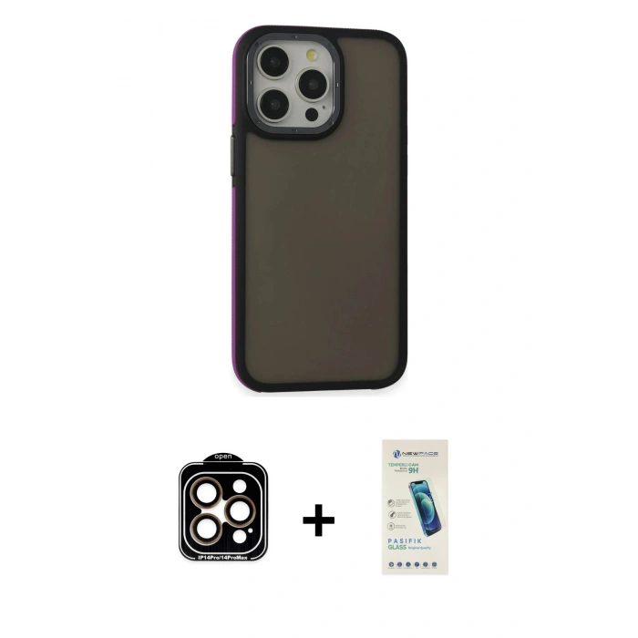 MARSİLYAN™- iPhone 15 Pro Max Kılıf Eksen Işık - Şeffaf Pasifik Cam Ekran Koruyucu + Turuncu PVD Metal Kamera Lens