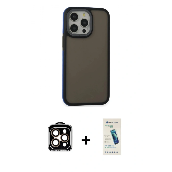MARSİLYAN™- iPhone 15 Pro Max Kılıf Eksen Işık - Şeffaf Pasifik Cam Ekran Koruyucu + Turuncu PVD Metal Kamera Lens