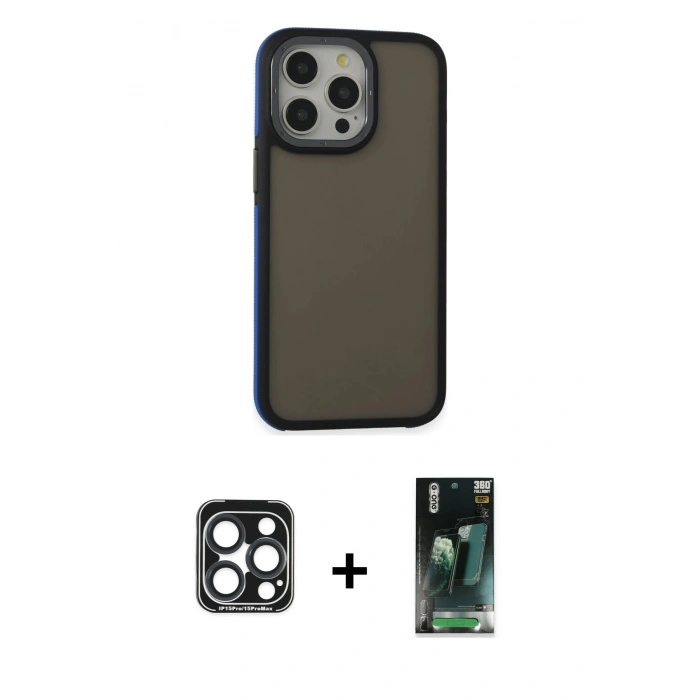 MARSİLYAN™- iPhone 15 Pro Max Kılıf Eksen Işık - Siyah 360 Mat Full Body Arka Koruyucu + PVD Metal Kamera Lens - LT