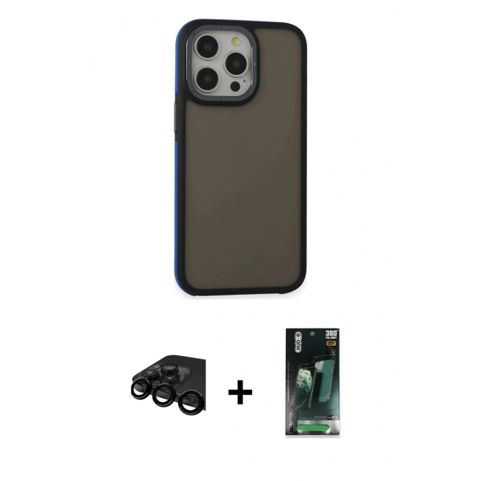 MARSİLYAN™- iPhone 15 Pro Max Kılıf Eksen Işık - Siyah 360 Mat Full Body Arka Koruyucu + Raze Metal Kamera Lens - SH