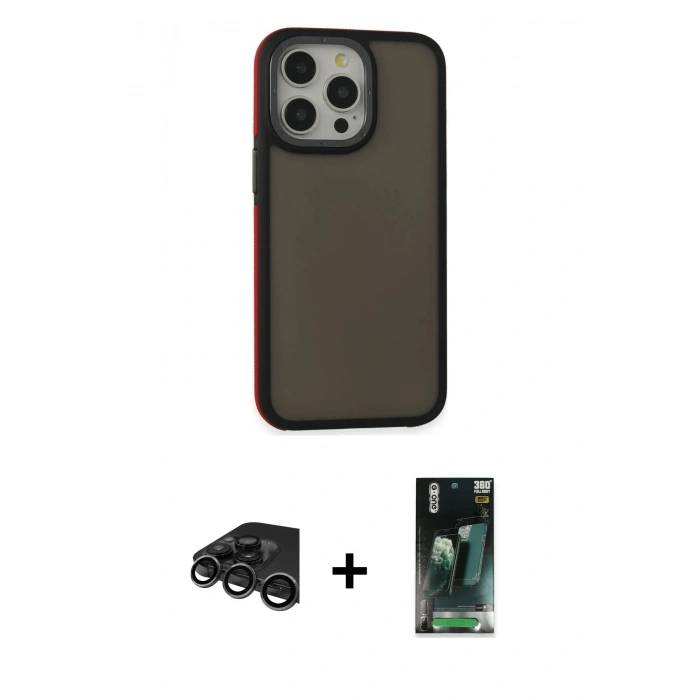MARSİLYAN™- iPhone 15 Pro Max Kılıf Eksen Işık - Siyah 360 Mat Full Body Arka Koruyucu + Raze Metal Kamera Lens - TMGI