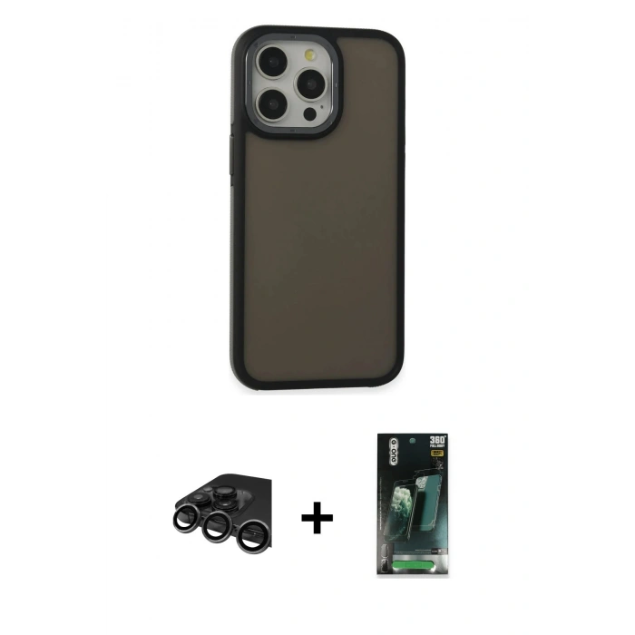 MARSİLYAN™- iPhone 15 Pro Max Kılıf Eksen Işık - Siyah 360 Mat Full Body Arka Koruyucu + Raze Metal Kamera Lens - TMGI