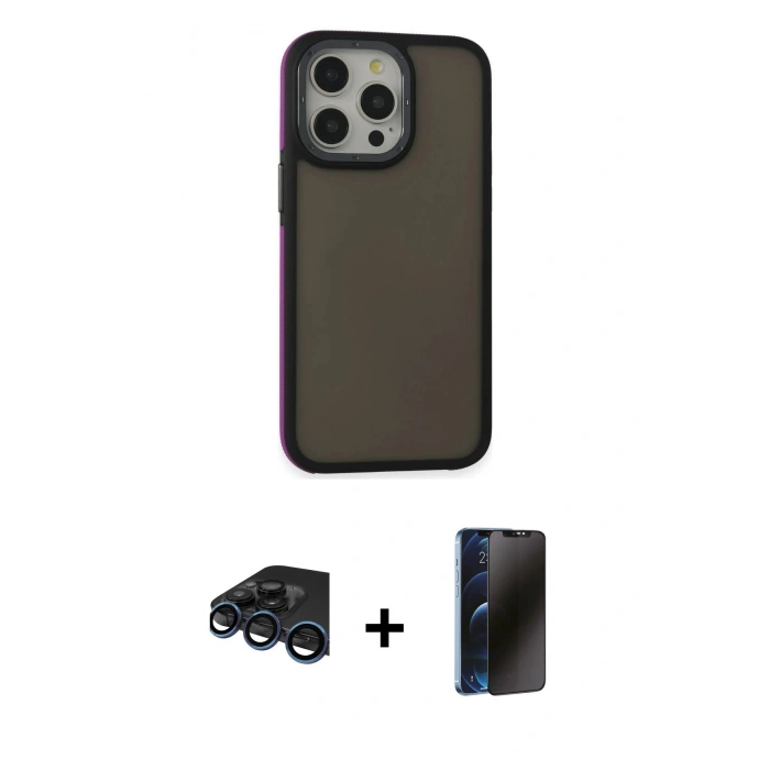 MARSİLYAN™- iPhone 15 Pro Max Kılıf Eksen Işık - Siyah 3D Antistatik Hayalet Cam Ekran Koruyucu + Raze Metal Kamera Lens - LT