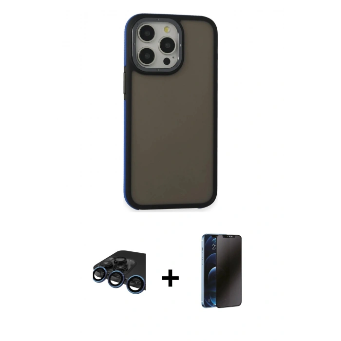 MARSİLYAN™- iPhone 15 Pro Max Kılıf Eksen Işık - Siyah 3D Antistatik Hayalet Cam Ekran Koruyucu + Raze Metal Kamera Lens - LT