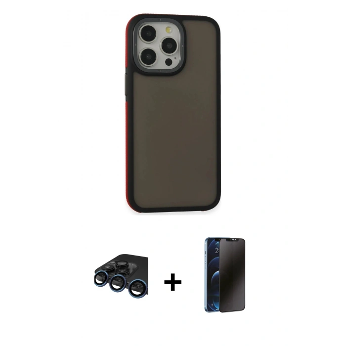 MARSİLYAN™- iPhone 15 Pro Max Kılıf Eksen Işık - Siyah 3D Antistatik Hayalet Cam Ekran Koruyucu + Raze Metal Kamera Lens - LT