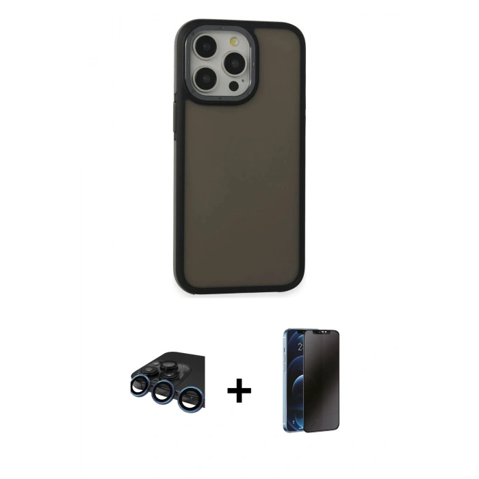 MARSİLYAN™- iPhone 15 Pro Max Kılıf Eksen Işık - Siyah 3D Antistatik Hayalet Cam Ekran Koruyucu + Raze Metal Kamera Lens - LT