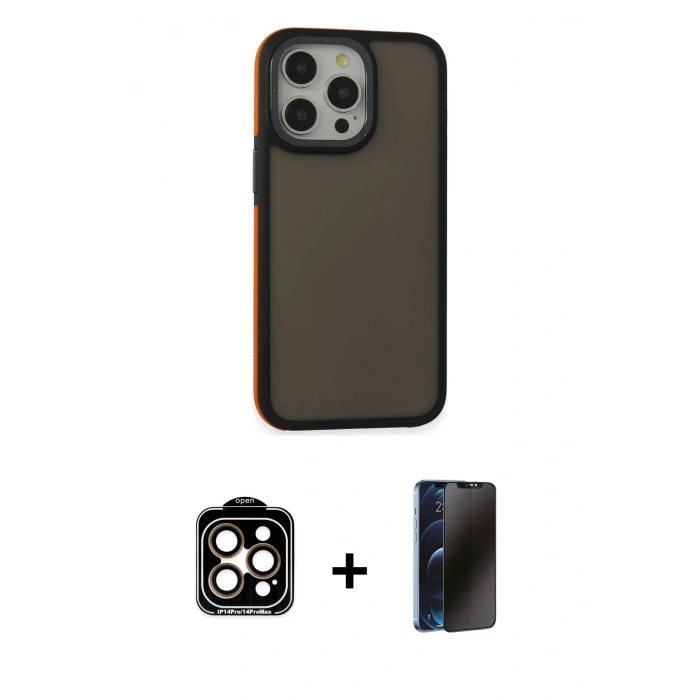 MARSİLYAN™- iPhone 15 Pro Max Kılıf Eksen Işık - Siyah 3D Antistatik Hayalet Cam Ekran Koruyucu + PVD Metal Kamera Lens - TU