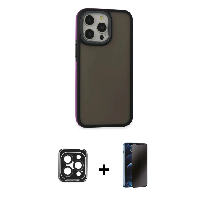 MARSİLYAN™- iPhone 15 Pro Max Kılıf Eksen Işık - Siyah 3D Antistatik Hayalet Cam Ekran Koruyucu + PVD Metal Kamera Lens - SH