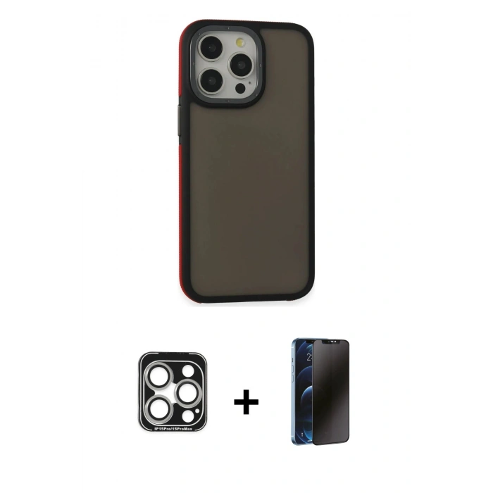 MARSİLYAN™- iPhone 15 Pro Max Kılıf Eksen Işık - Siyah 3D Antistatik Hayalet Cam Ekran Koruyucu + PVD Metal Kamera Lens - GS