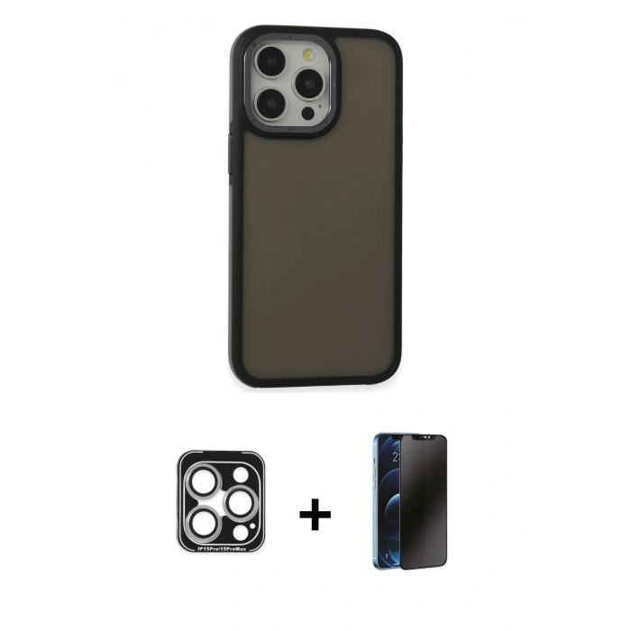 MARSİLYAN™- iPhone 15 Pro Max Kılıf Eksen Işık - Siyah 3D Antistatik Hayalet Cam Ekran Koruyucu + PVD Metal Kamera Lens - GS