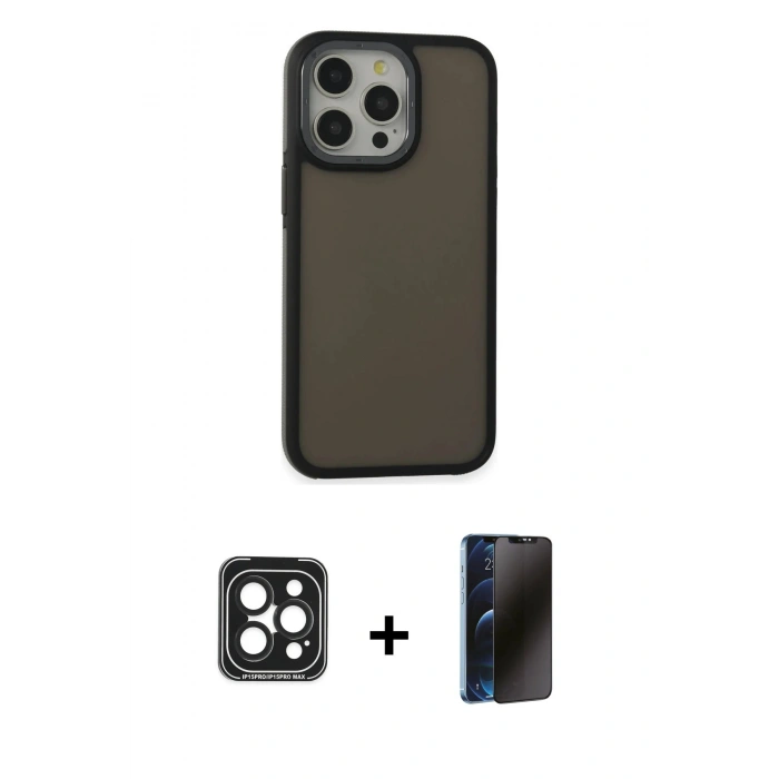 MARSİLYAN™- iPhone 15 Pro Max Kılıf Eksen Işık - Siyah 3D Antistatik Hayalet Cam Ekran Koruyucu + PVD Metal Kamera Lens - SH