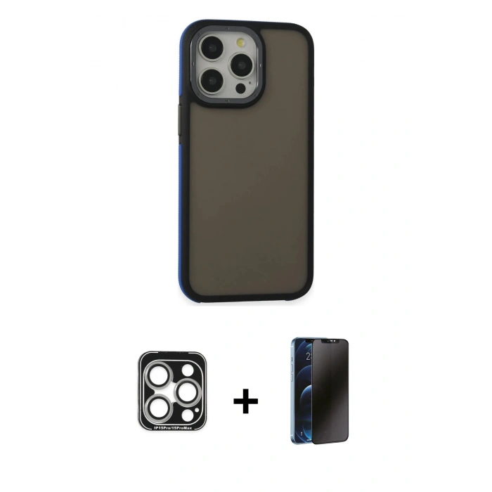 MARSİLYAN™- iPhone 15 Pro Max Kılıf Eksen Işık - Siyah 3D Antistatik Hayalet Cam Ekran Koruyucu + PVD Metal Kamera Lens - GS