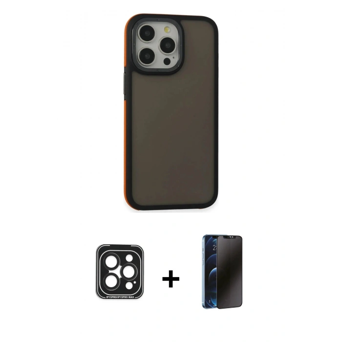 MARSİLYAN™- iPhone 15 Pro Max Kılıf Eksen Işık - Siyah 3D Antistatik Hayalet Cam Ekran Koruyucu + PVD Metal Kamera Lens - SH