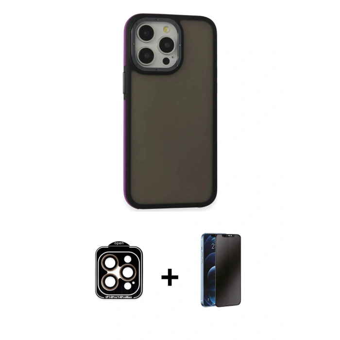 MARSİLYAN™- iPhone 15 Pro Max Kılıf Eksen Işık - Siyah 3D Antistatik Hayalet Cam Ekran Koruyucu + PVD Metal Kamera Lens - TU