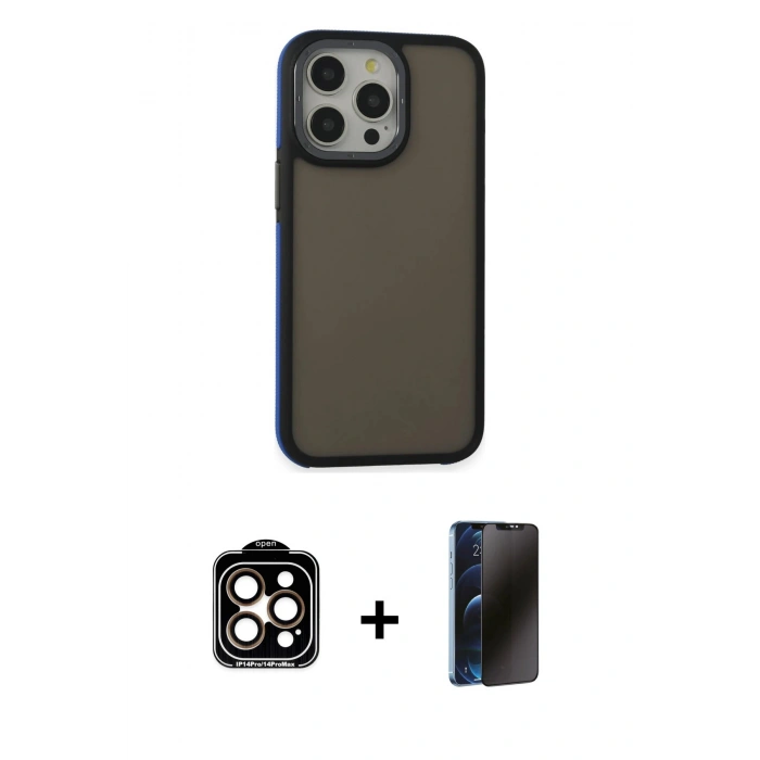 MARSİLYAN™- iPhone 15 Pro Max Kılıf Eksen Işık - Siyah 3D Antistatik Hayalet Cam Ekran Koruyucu + PVD Metal Kamera Lens - TU