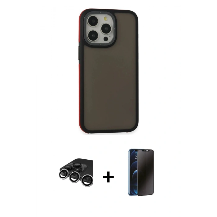 MARSİLYAN™- iPhone 15 Pro Max Kılıf Eksen Işık - Siyah 3D Antistatik Hayalet Cam Ekran Koruyucu + Raze Metal Kamera Lens - GS