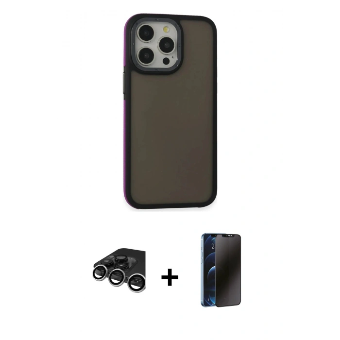 MARSİLYAN™- iPhone 15 Pro Max Kılıf Eksen Işık - Siyah 3D Antistatik Hayalet Cam Ekran Koruyucu + Raze Metal Kamera Lens - GS