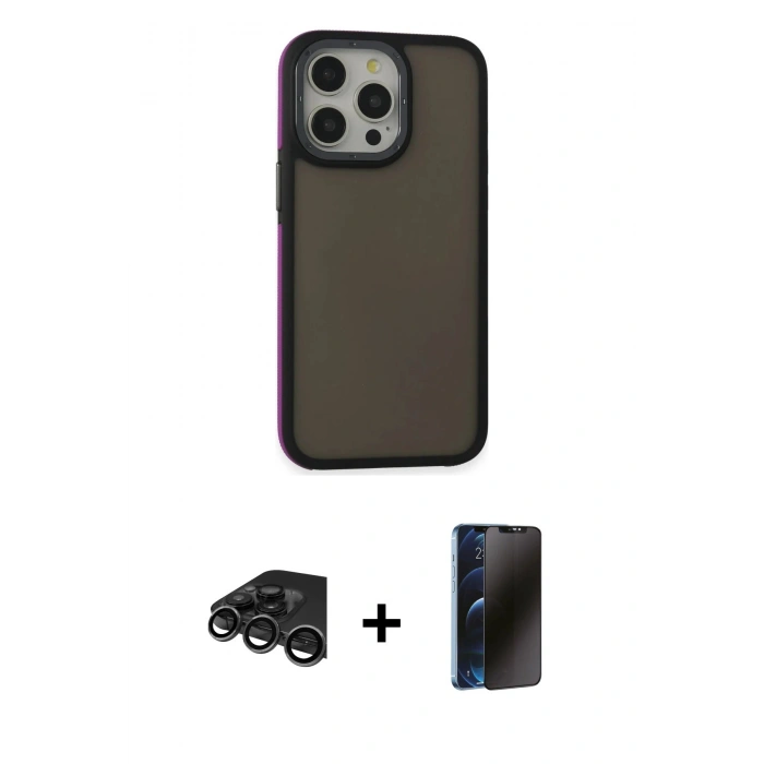 MARSİLYAN™- iPhone 15 Pro Max Kılıf Eksen Işık - Siyah 3D Antistatik Hayalet Cam Ekran Koruyucu + Raze Metal Kamera Lens - TMGI