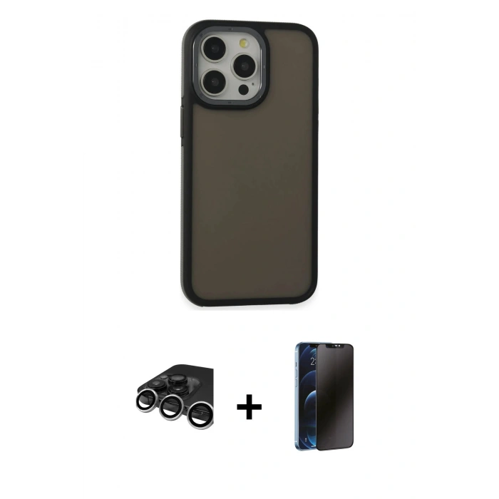 MARSİLYAN™- iPhone 15 Pro Max Kılıf Eksen Işık - Siyah 3D Antistatik Hayalet Cam Ekran Koruyucu + Raze Metal Kamera Lens - GS