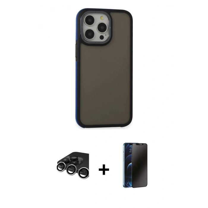 MARSİLYAN™- iPhone 15 Pro Max Kılıf Eksen Işık - Siyah 3D Antistatik Hayalet Cam Ekran Koruyucu + Raze Metal Kamera Lens - GS