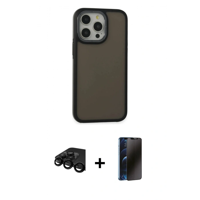 MARSİLYAN™- iPhone 15 Pro Max Kılıf Eksen Işık - Siyah 3D Antistatik Hayalet Cam Ekran Koruyucu + Raze Metal Kamera Lens - SH
