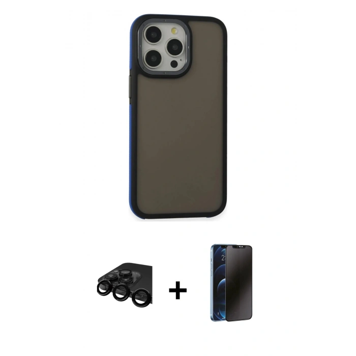 MARSİLYAN™- iPhone 15 Pro Max Kılıf Eksen Işık - Siyah 3D Antistatik Hayalet Cam Ekran Koruyucu + Raze Metal Kamera Lens - SH