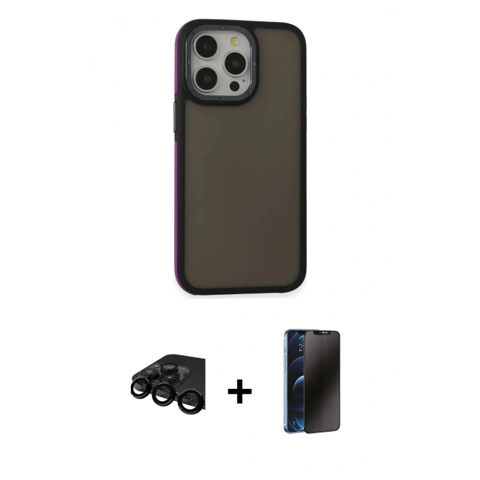 MARSİLYAN™- iPhone 15 Pro Max Kılıf Eksen Işık - Siyah 3D Antistatik Hayalet Cam Ekran Koruyucu + Raze Metal Kamera Lens - SH