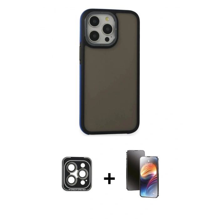 MARSİLYAN™- iPhone 15 Pro Max Kılıf Eksen Işık - Siyah 3D Antistatik Mat Seramik Nano Ekran Koruyucu + Gri PVD Metal Kamera Lens