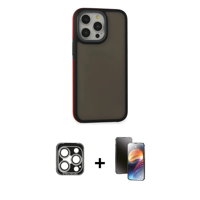 MARSİLYAN™- iPhone 15 Pro Max Kılıf Eksen Işık - Siyah 3D Antistatik Mat Seramik Nano Ekran Koruyucu + Gümüş PVD Metal Kamera Lens