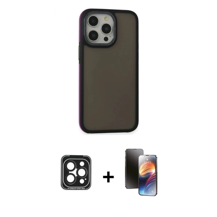 MARSİLYAN™- iPhone 15 Pro Max Kılıf Eksen Işık - Siyah 3D Antistatik Mat Seramik Nano Ekran Koruyucu + PVD Metal Kamera Lens - SH