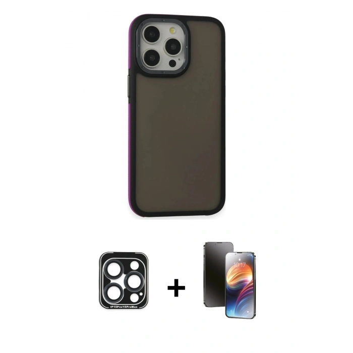 MARSİLYAN™- iPhone 15 Pro Max Kılıf Eksen Işık - Siyah 3D Antistatik Mat Seramik Nano Ekran Koruyucu + PVD Metal Kamera Lens - LT