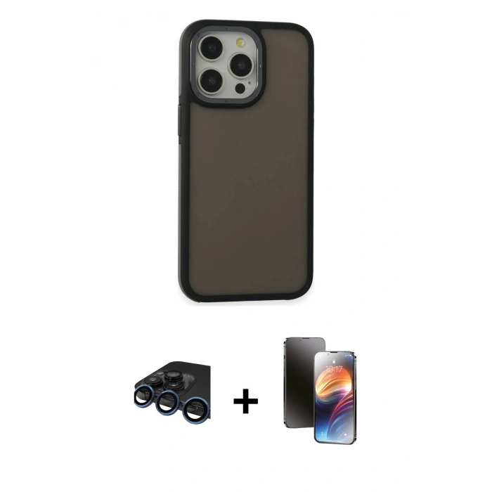 MARSİLYAN™- iPhone 15 Pro Max Kılıf Eksen Işık - Siyah 3D Antistatik Mat Seramik Nano Ekran Koruyucu + Raze Metal Kamera Lens - LT